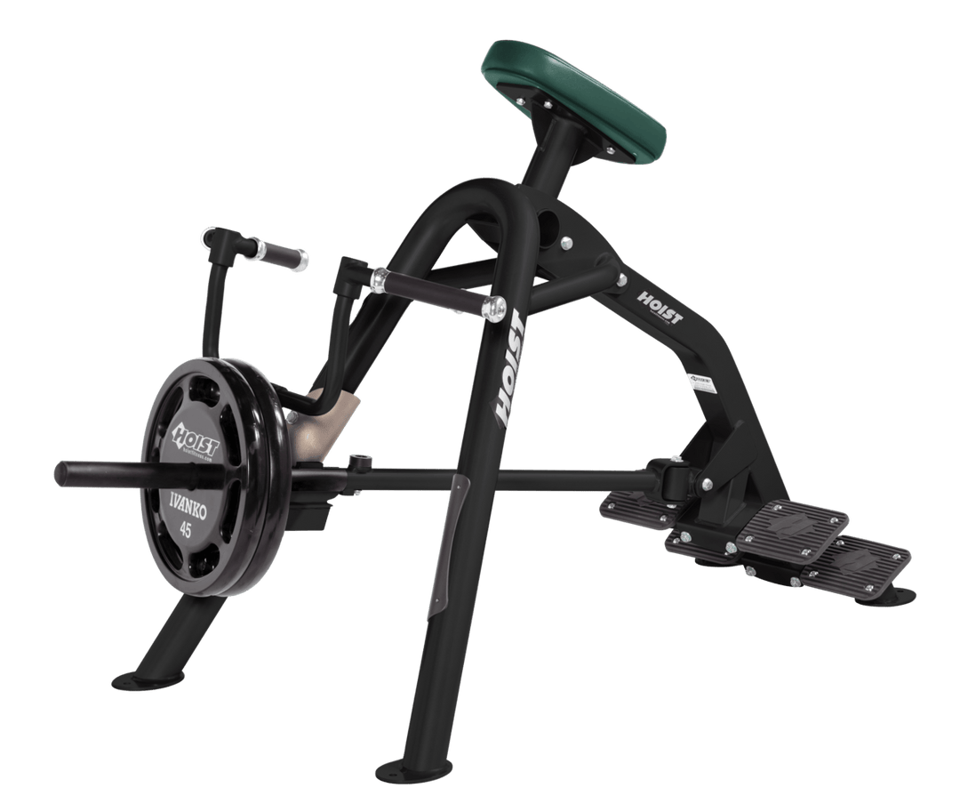 Commercial incline MB-HGR leverage row machine with chest support pad and plate-loaded arms for back training