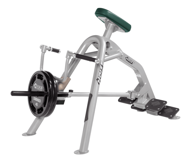Commercial incline PL-HGR leverage row machine with chest support pad and plate-loaded arms for back training