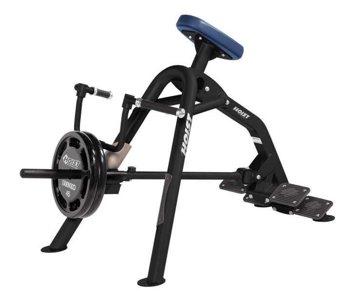 Commercial incline MB-RYL leverage row machine with chest support pad and plate-loaded arms for back training