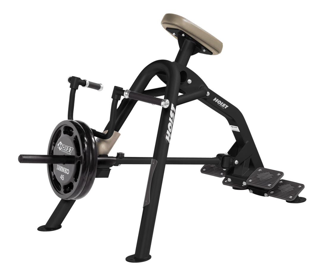 Commercial incline MB-BLK leverage row machine with chest support pad and plate-loaded arms for back training
