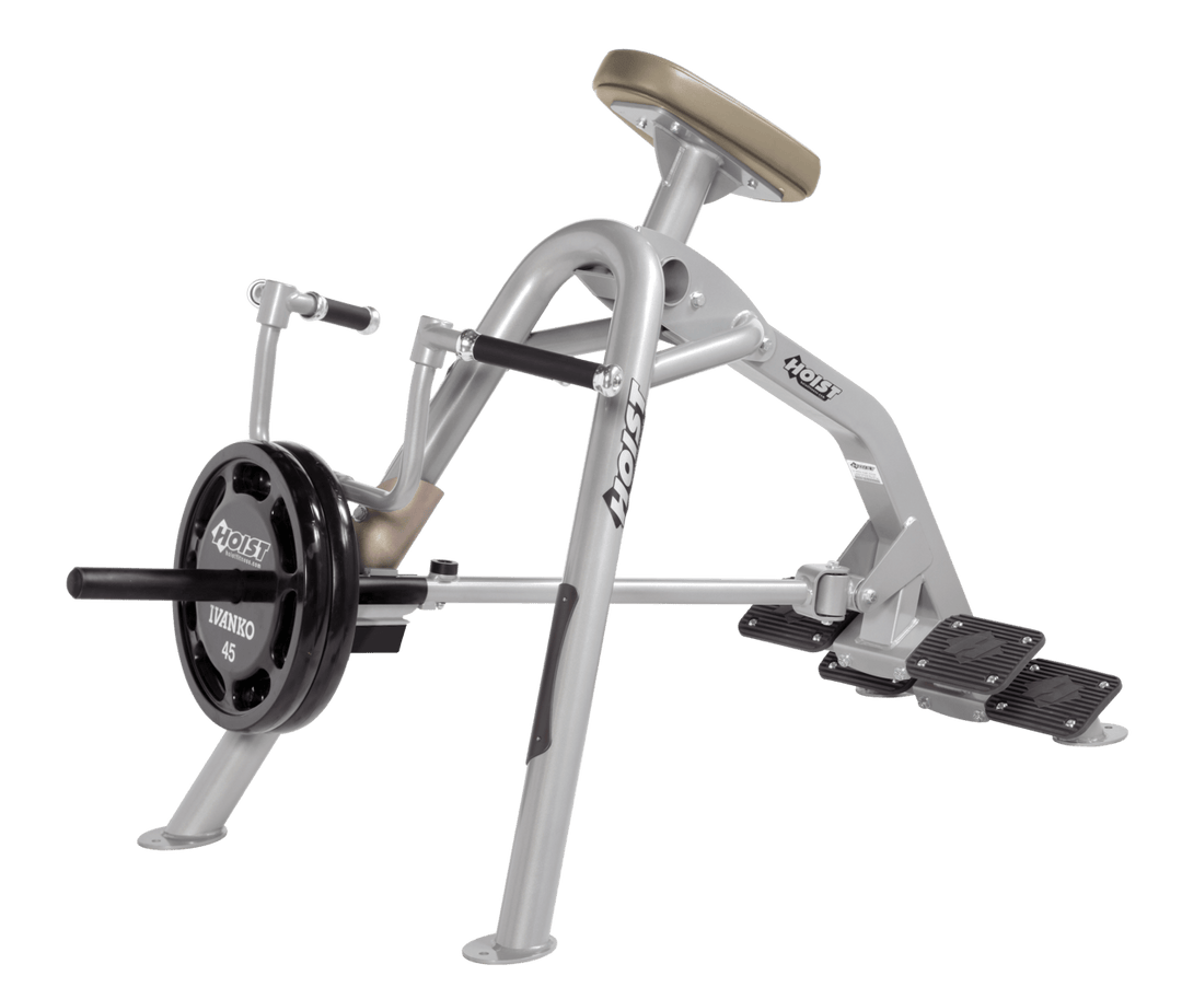 Commercial incline PL-SUE leverage row machine with chest support pad and plate-loaded arms for back training