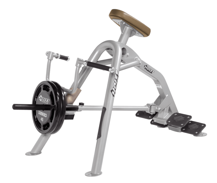 Commercial incline PL-WHT leverage row machine with chest support pad and plate-loaded arms for back training