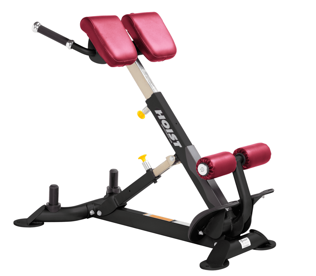 Commercial AMB back hyperextension bench with angled pads and foot supports for lower back and core training