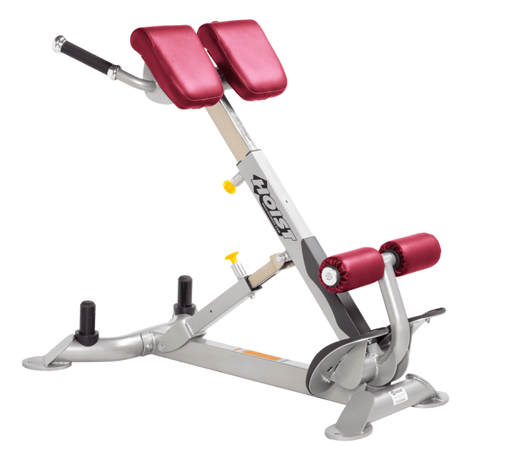 Commercial AMB platinum back hyperextension bench with angled pads and foot supports for lower back and core training