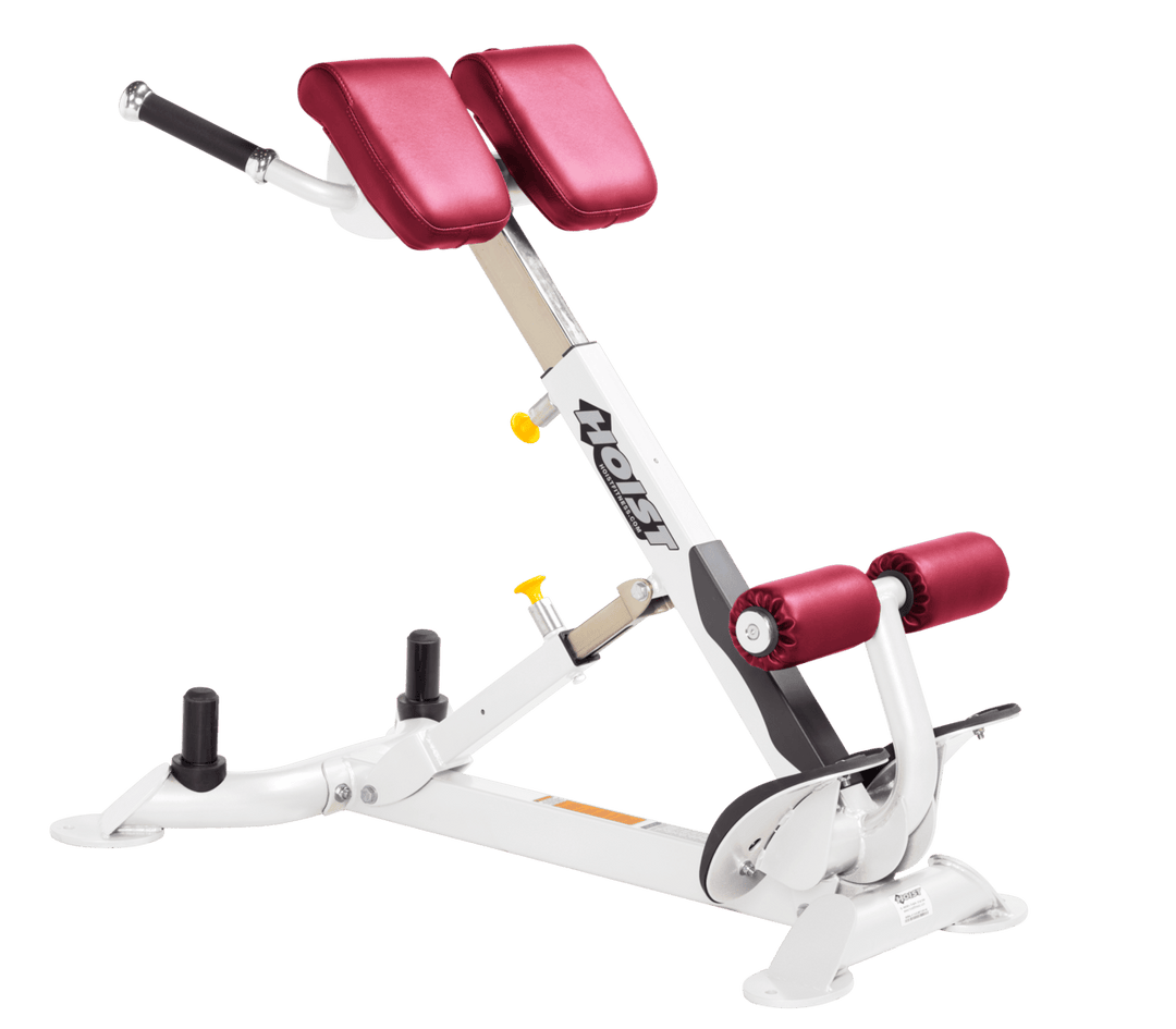 Commercial AMB white back hyperextension bench with angled pads and foot supports for lower back and core training