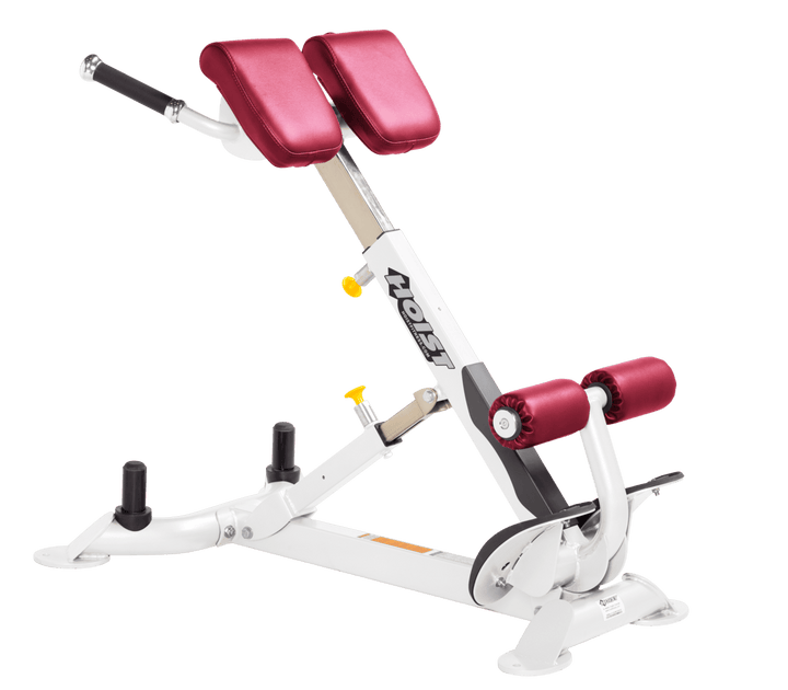 Commercial AMB white back hyperextension bench with angled pads and foot supports for lower back and core training