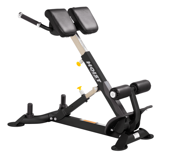 Commercial BLK back hyperextension bench with angled pads and foot supports for lower back and core training