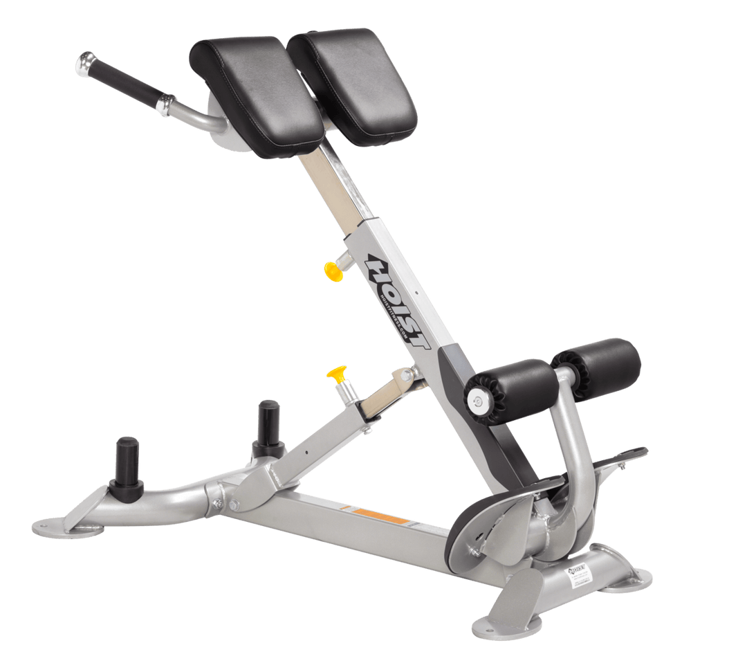 Commercial BLK platinum back hyperextension bench with angled pads and foot supports for lower back and core training