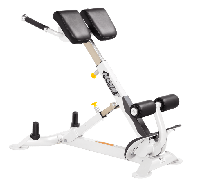 Commercial BLK white back hyperextension bench with angled pads and foot supports for lower back and core training