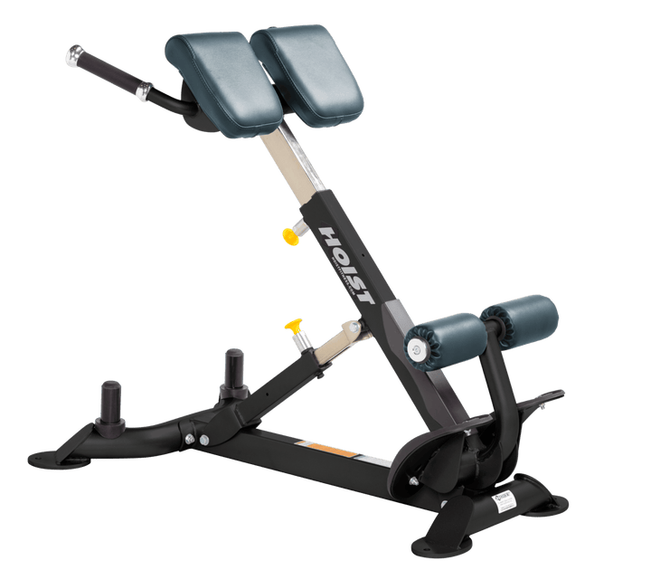 Commercial BRD back hyperextension bench with angled pads and foot supports for lower back and core training