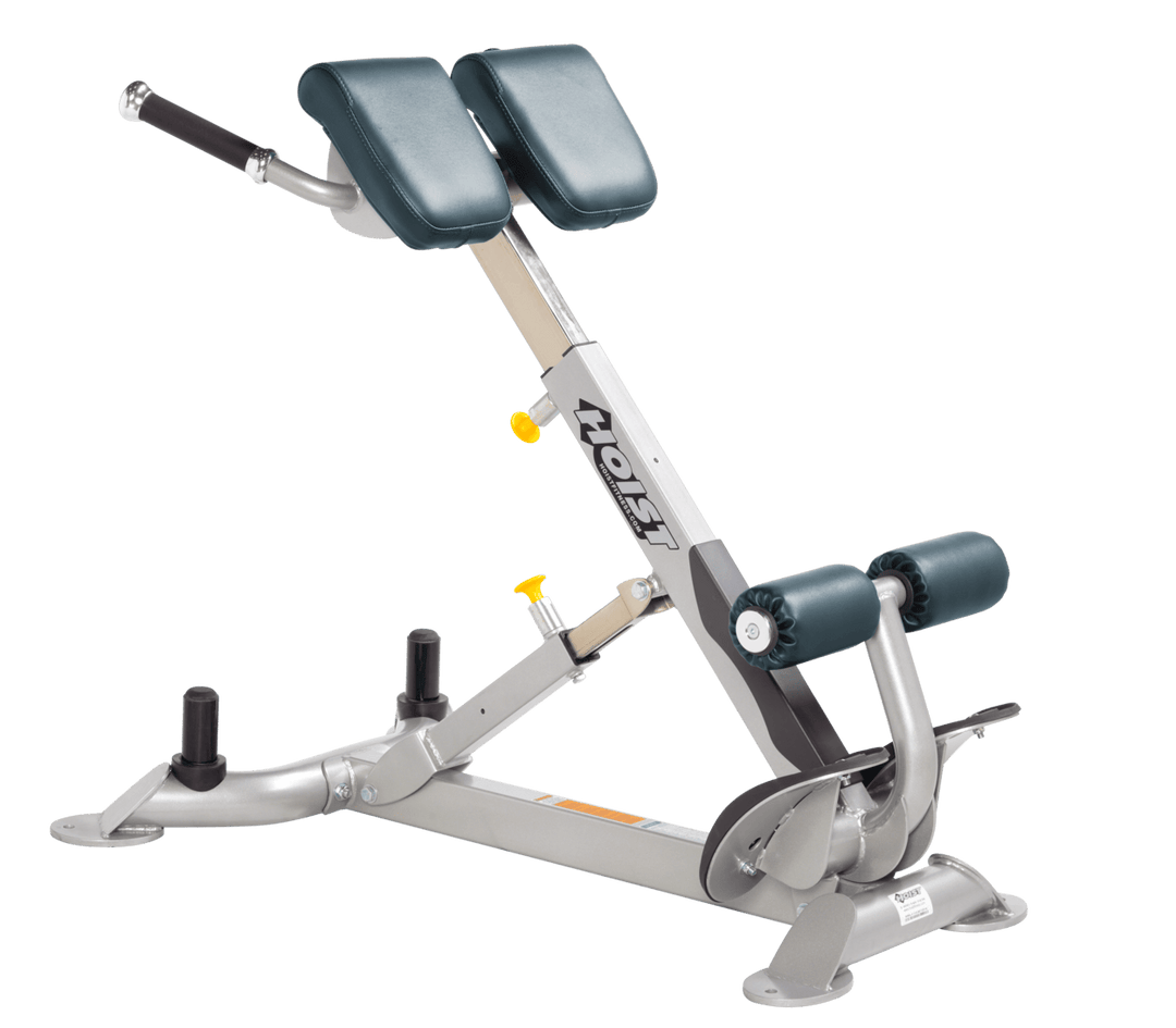 Commercial BRD platinum back hyperextension bench with angled pads and foot supports for lower back and core training