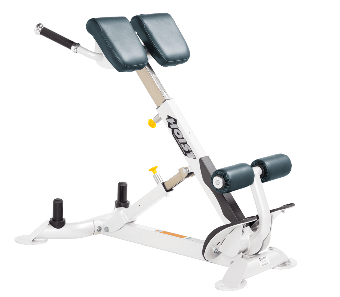 Commercial BRD white back hyperextension bench with angled pads and foot supports for lower back and core training