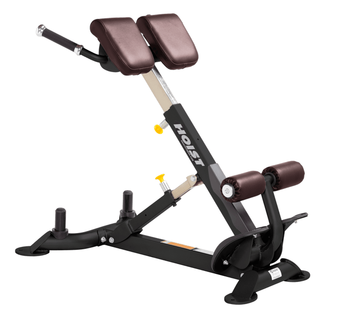 Commercial BRG back hyperextension bench with angled pads and foot supports for lower back and core training
