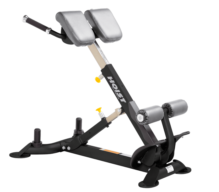 Commercial DVG back hyperextension bench with angled pads and foot supports for lower back and core training