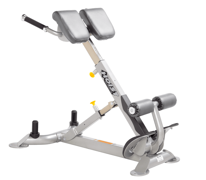 Commercial DVG platinum back hyperextension bench with angled pads and foot supports for lower back and core training