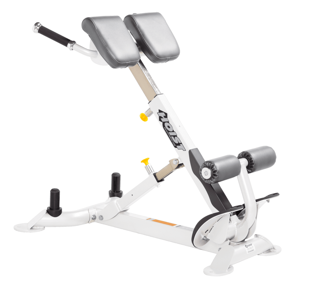 Commercial DVG white back hyperextension bench with angled pads and foot supports for lower back and core training
