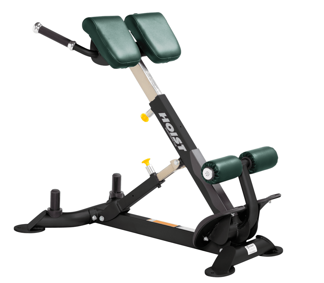 Commercial HGR back hyperextension bench with angled pads and foot supports for lower back and core training