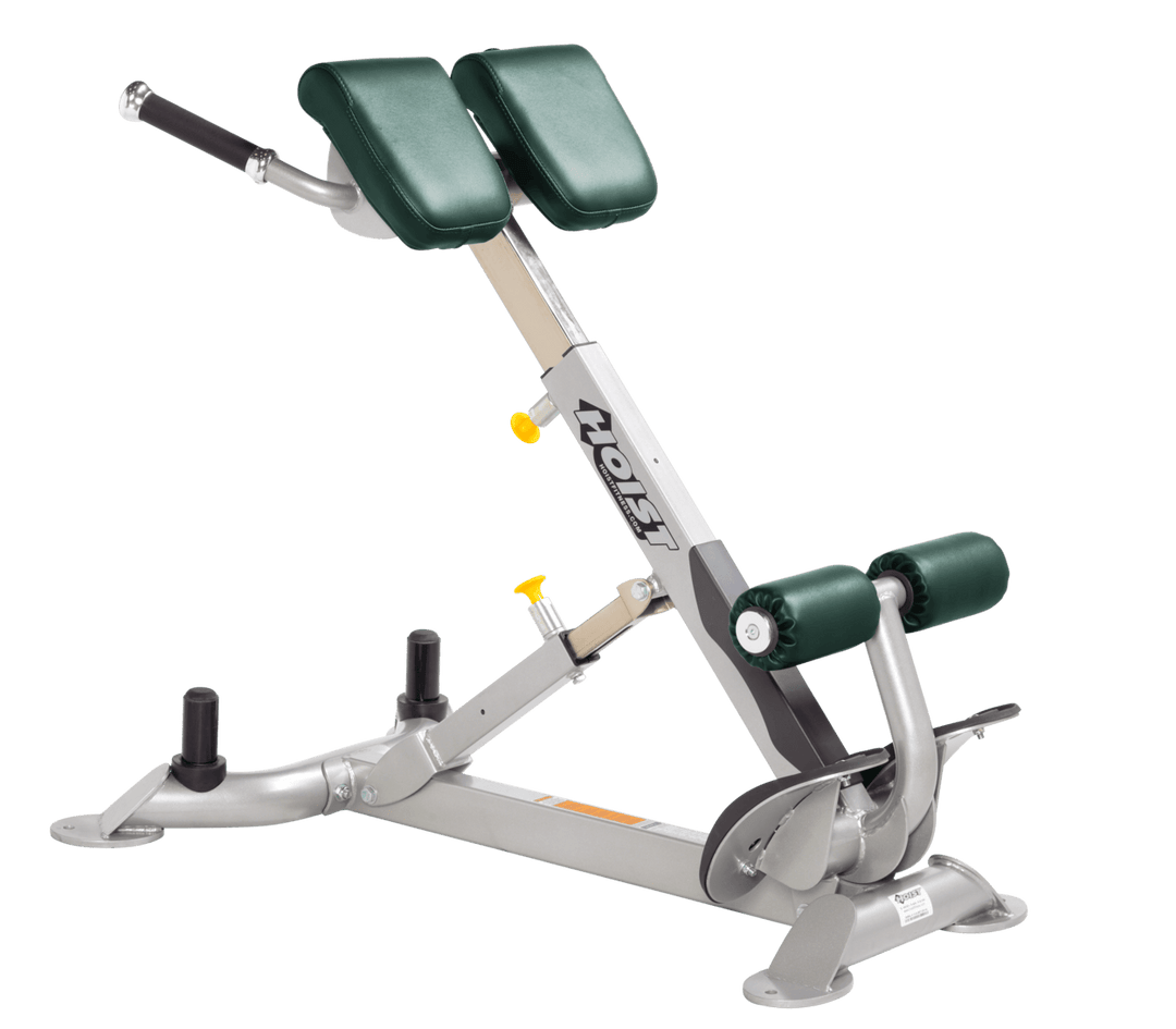 Commercial HGR platinum back hyperextension bench with angled pads and foot supports for lower back and core training
