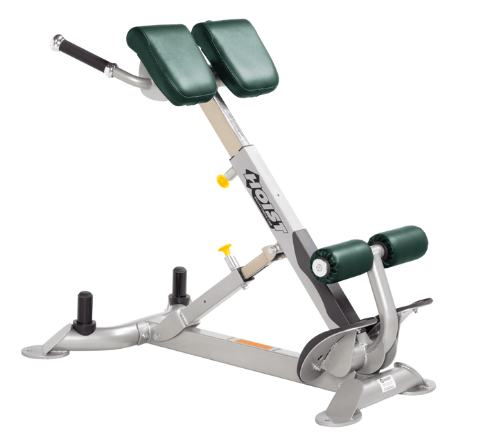 Commercial HGR platinum back hyperextension bench with angled pads and foot supports for lower back and core training