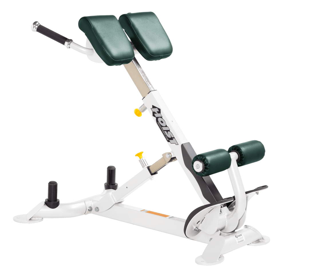 Commercial HGR white back hyperextension bench with angled pads and foot supports for lower back and core training