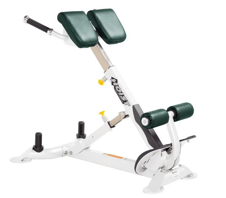 Commercial HGR white back hyperextension bench with angled pads and foot supports for lower back and core training