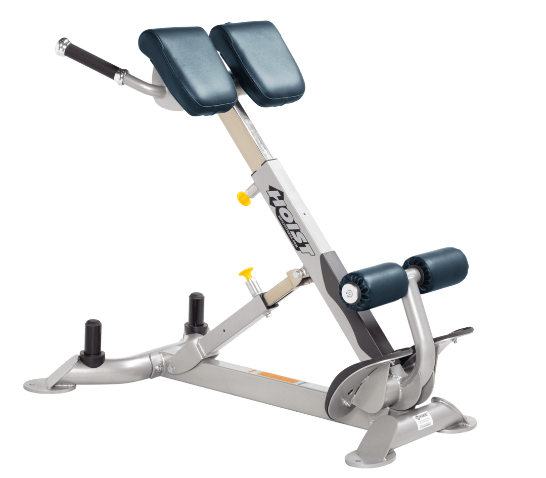 Commercial NVY platinum back hyperextension bench with angled pads and foot supports for lower back and core training