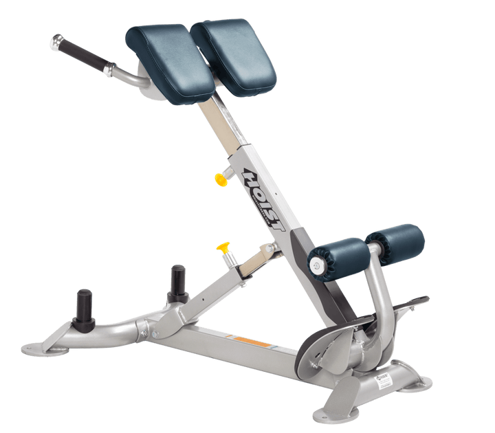 Commercial NVY platinum back hyperextension bench with angled pads and foot supports for lower back and core training