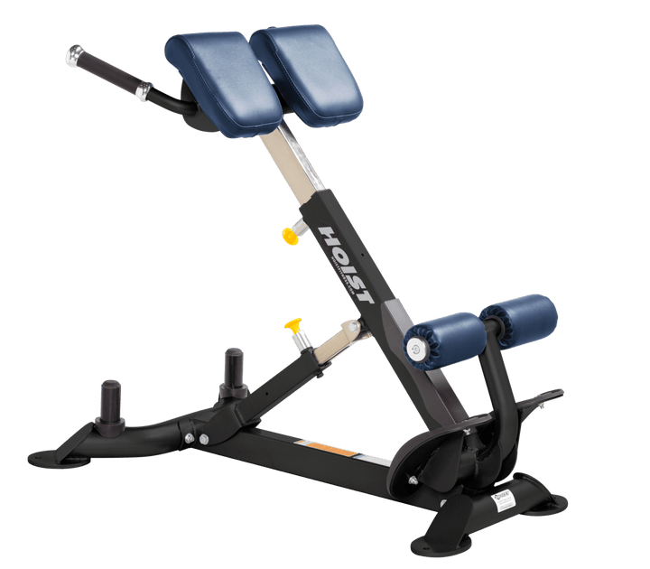 Commercial RYL back hyperextension bench with angled pads and foot supports for lower back and core training