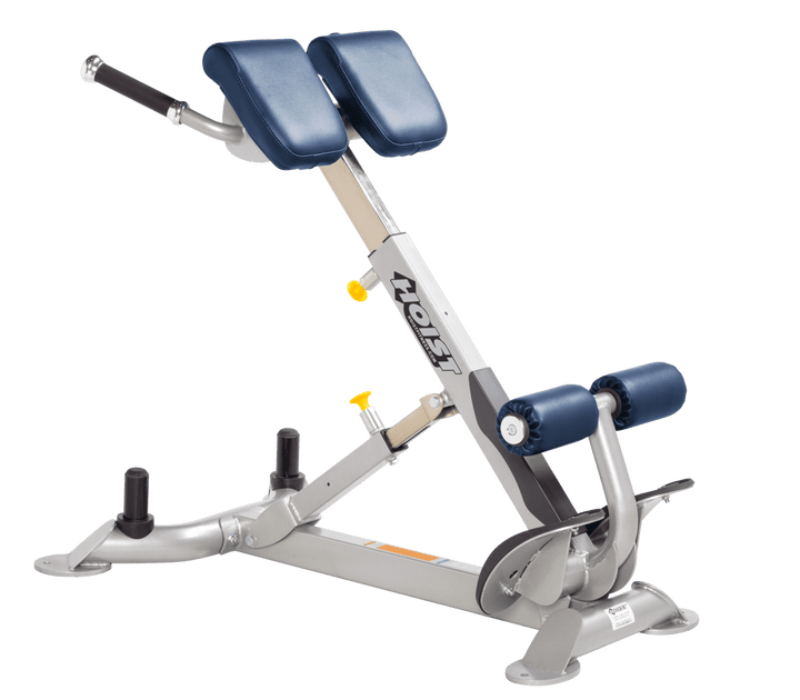 Commercial RYL platinum back hyperextension bench with angled pads and foot supports for lower back and core training