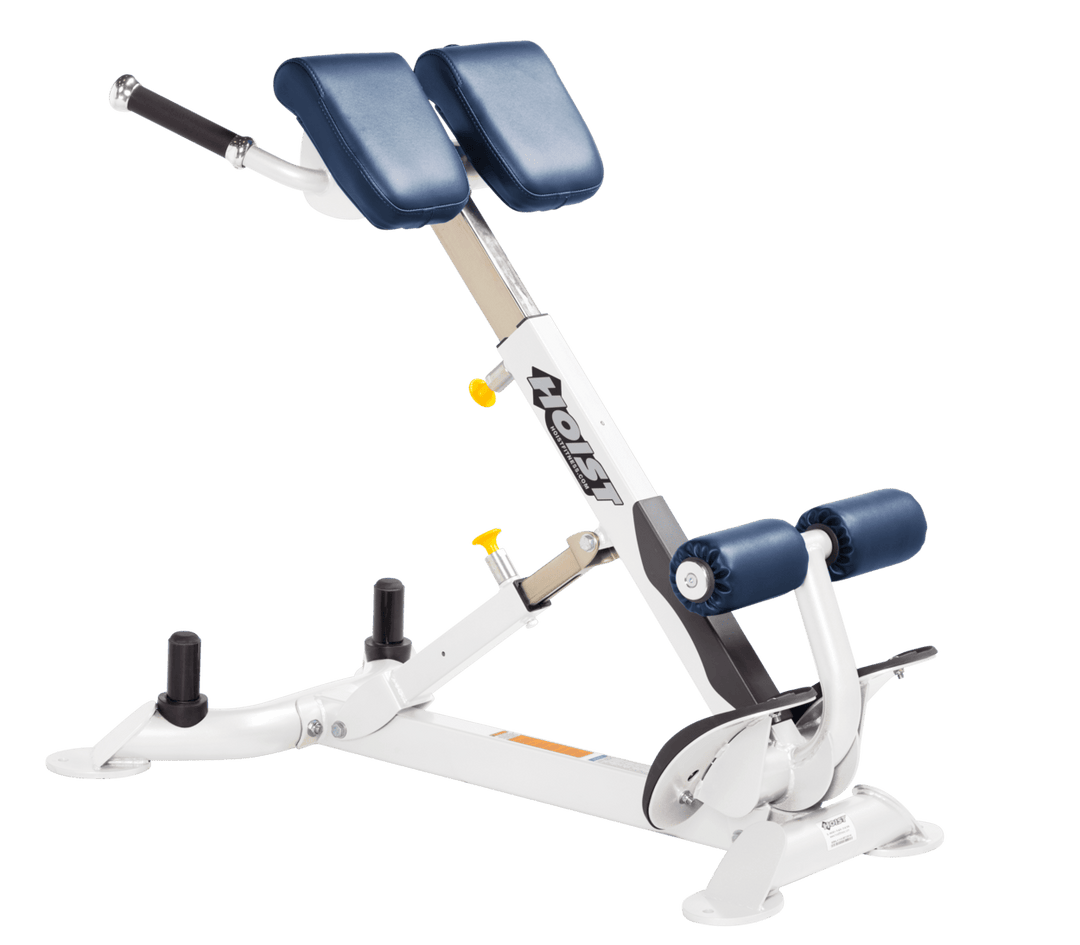 Commercial RYL white back hyperextension bench with angled pads and foot supports for lower back and core training
