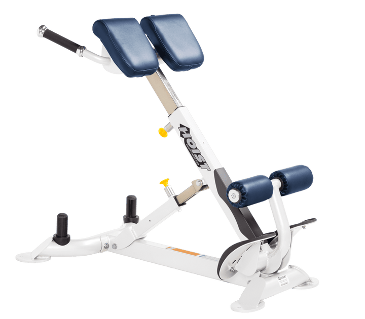 Commercial RYL white back hyperextension bench with angled pads and foot supports for lower back and core training