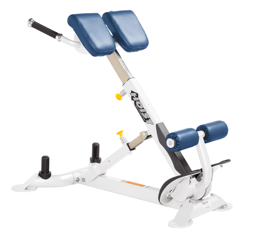Commercial SKY white back hyperextension bench with angled pads and foot supports for lower back and core training