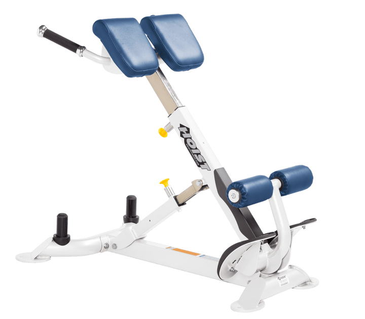 Commercial SKY white back hyperextension bench with angled pads and foot supports for lower back and core training