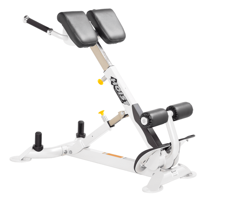 Commercial SLG white back hyperextension bench with angled pads and foot supports for lower back and core training