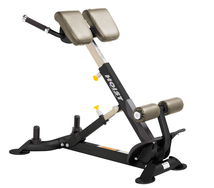 Commercial SUE back hyperextension bench with angled pads and foot supports for lower back and core training