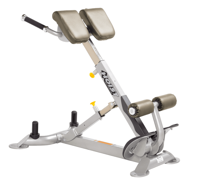 Commercial SUE platinum back hyperextension bench with angled pads and foot supports for lower back and core training