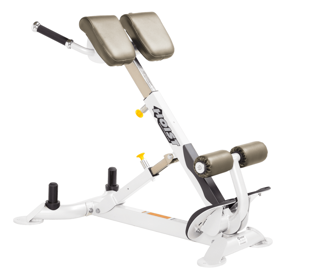 Commercial SUE white back hyperextension bench with angled pads and foot supports for lower back and core training