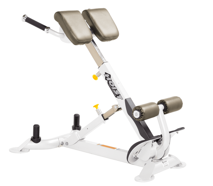 Commercial SUE white back hyperextension bench with angled pads and foot supports for lower back and core training