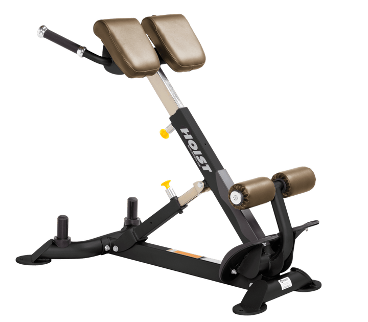 Commercial WHT back hyperextension bench with angled pads and foot supports for lower back and core training