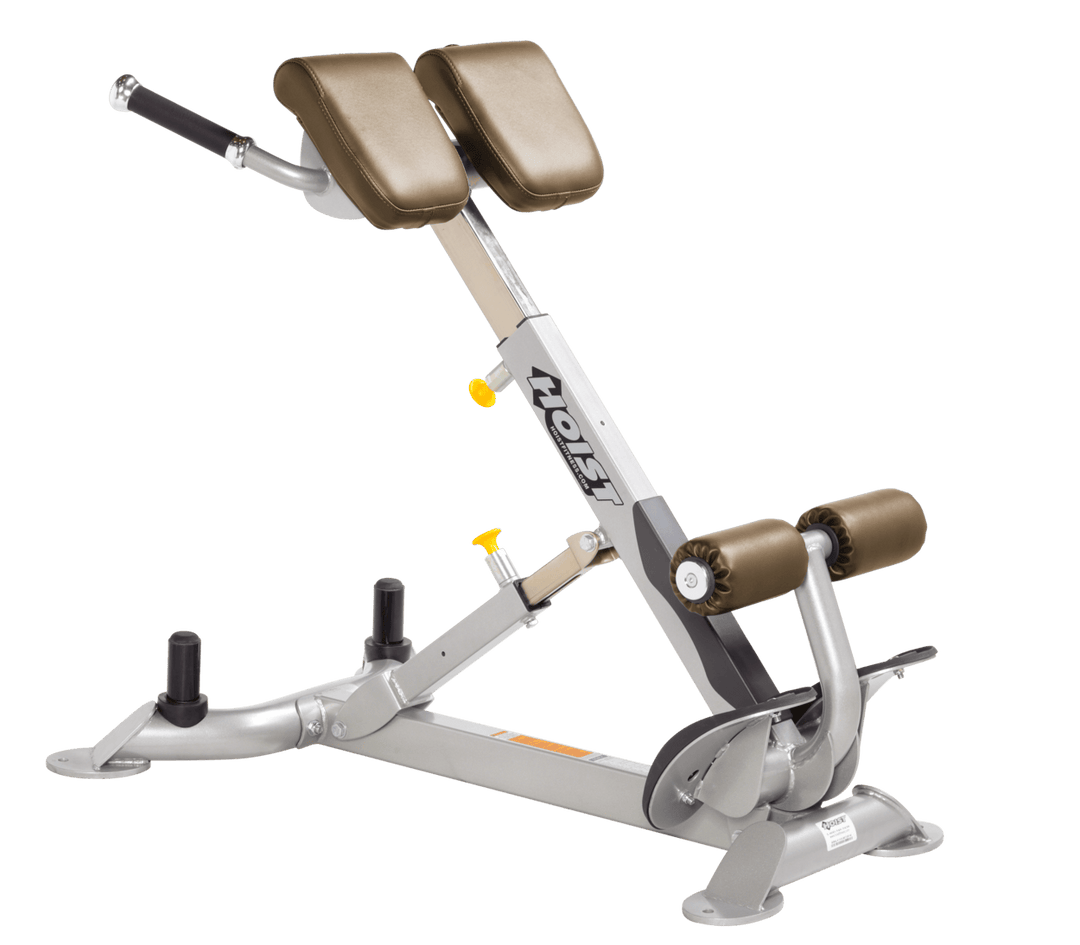 Commercial WHT platinum back hyperextension bench with angled pads and foot supports for lower back and core training