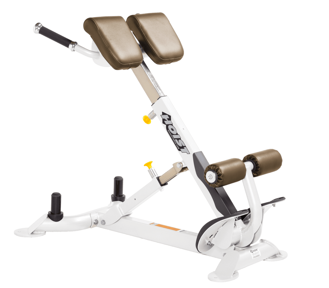 Commercial WHT white back hyperextension bench with angled pads and foot supports for lower back and core training