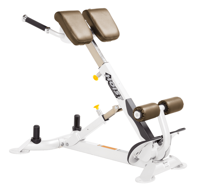 Commercial WHT white back hyperextension bench with angled pads and foot supports for lower back and core training
