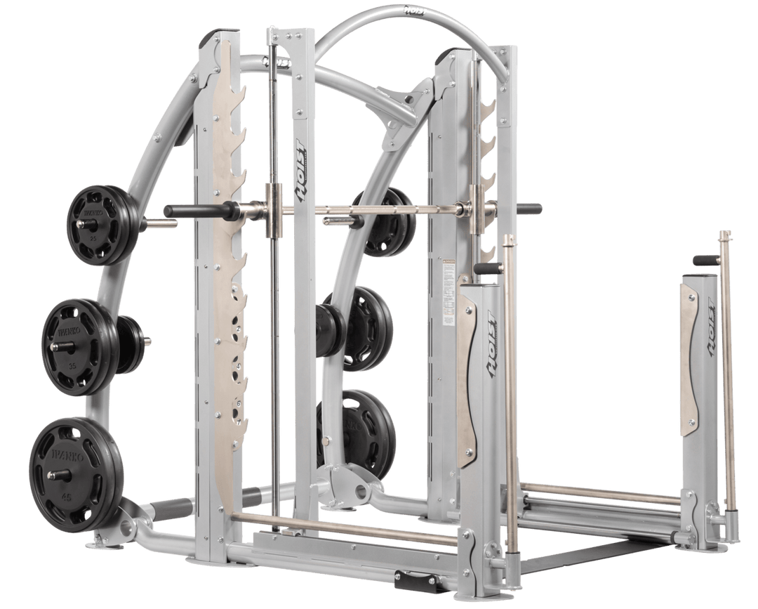Platinum dual action Smith machine with guided barbell, plate storage horns, and heavy-duty frame
