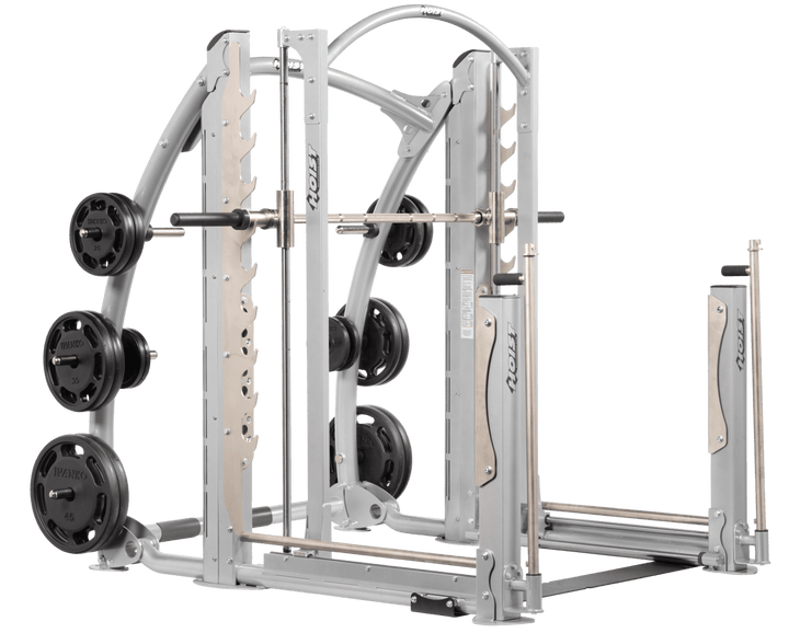 Platinum dual action Smith machine with guided barbell, plate storage horns, and heavy-duty frame