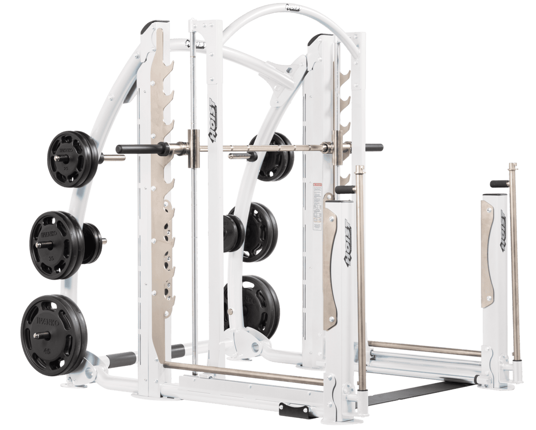 White dual action Smith machine with guided barbell, plate storage horns, and heavy-duty frame