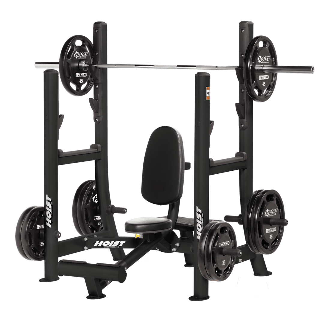 Commercial BLK military press machine with seated back support and plate-loaded arms for shoulder strength training
