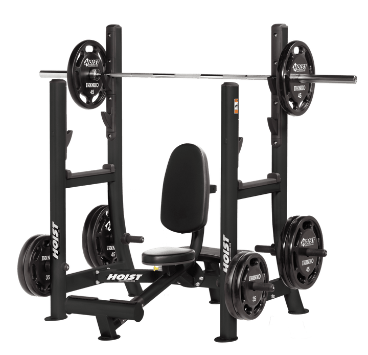 Commercial BLK military press machine with seated back support and plate-loaded arms for shoulder strength training
