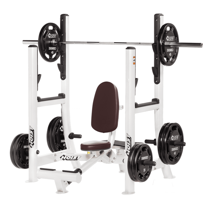 Commercial BRG white military press machine with seated back support and plate-loaded arms for shoulder strength training