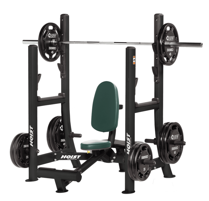Commercial HGR military press machine with seated back support and plate-loaded arms for shoulder strength training