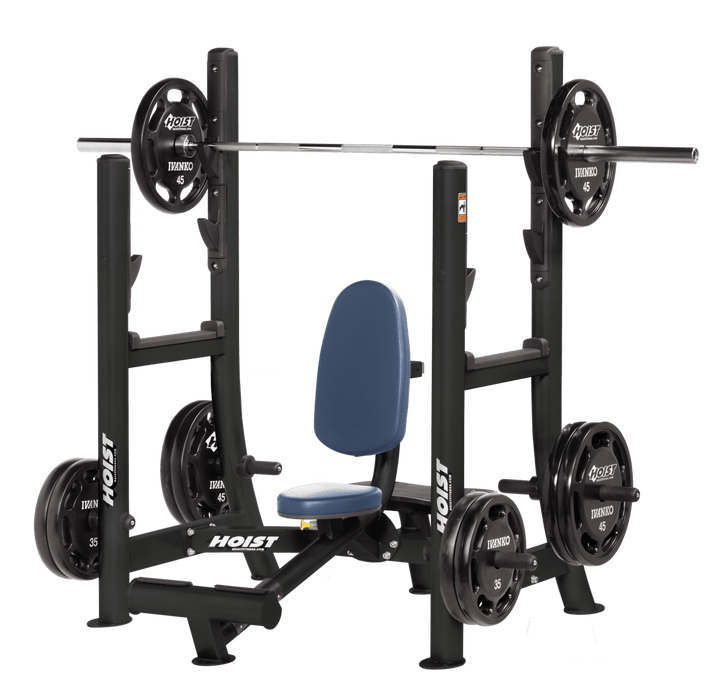 Commercial RYL military press machine with seated back support and plate-loaded arms for shoulder strength training